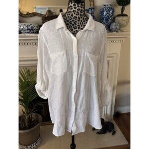 Side Stitch Women's Top PXL Long-Sleeve Button-Front Shirt White Gauzy Crinkle